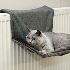 Katzenhängematte Paradies in grau an der Heizung mit Katze